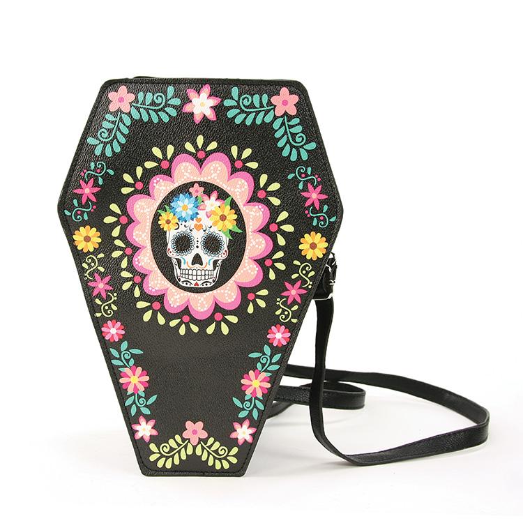 Sugar Skull Coffin Reversible Backpack Purse Black