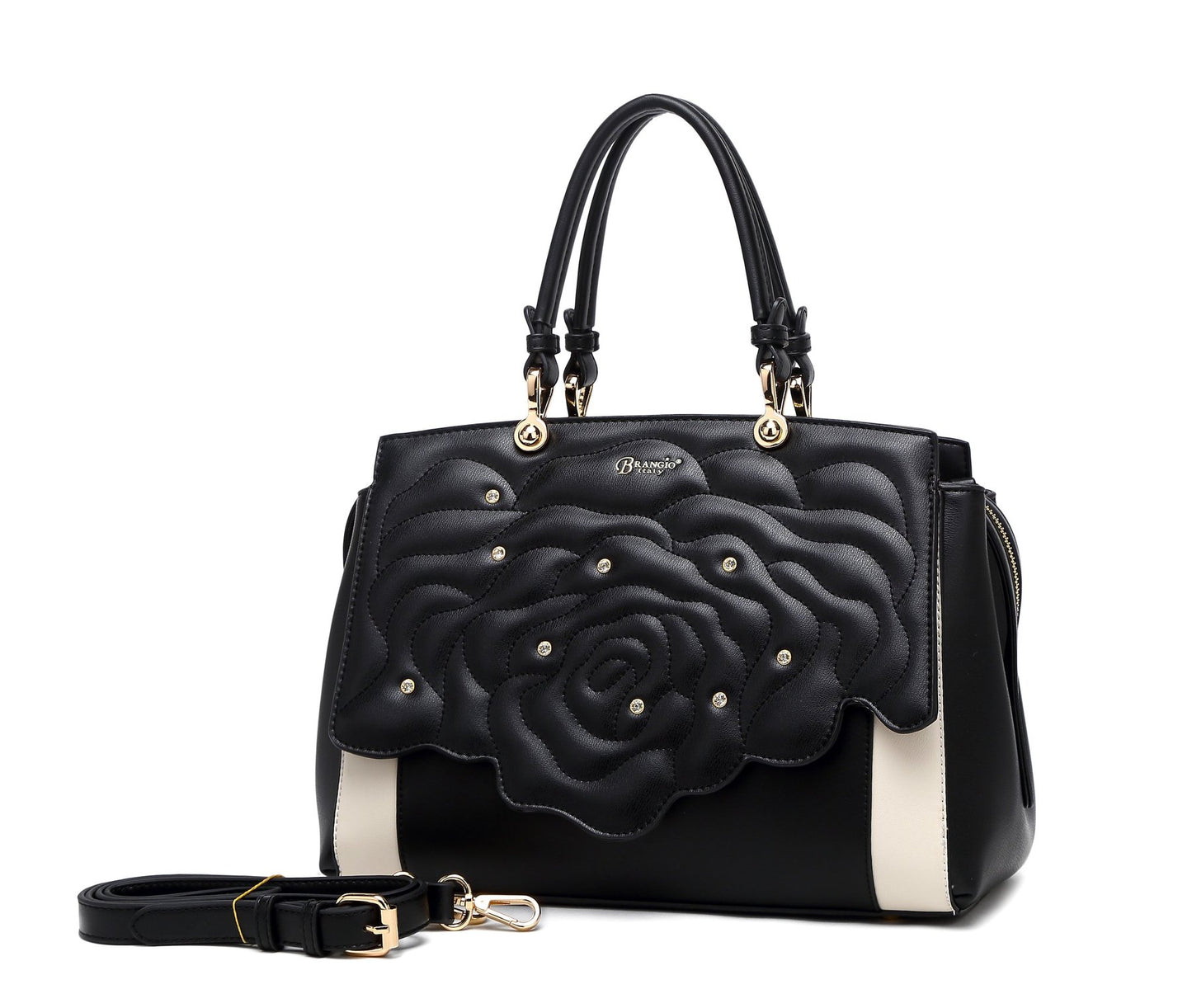 Rosette Crystal Medium Satchel Handbag Black