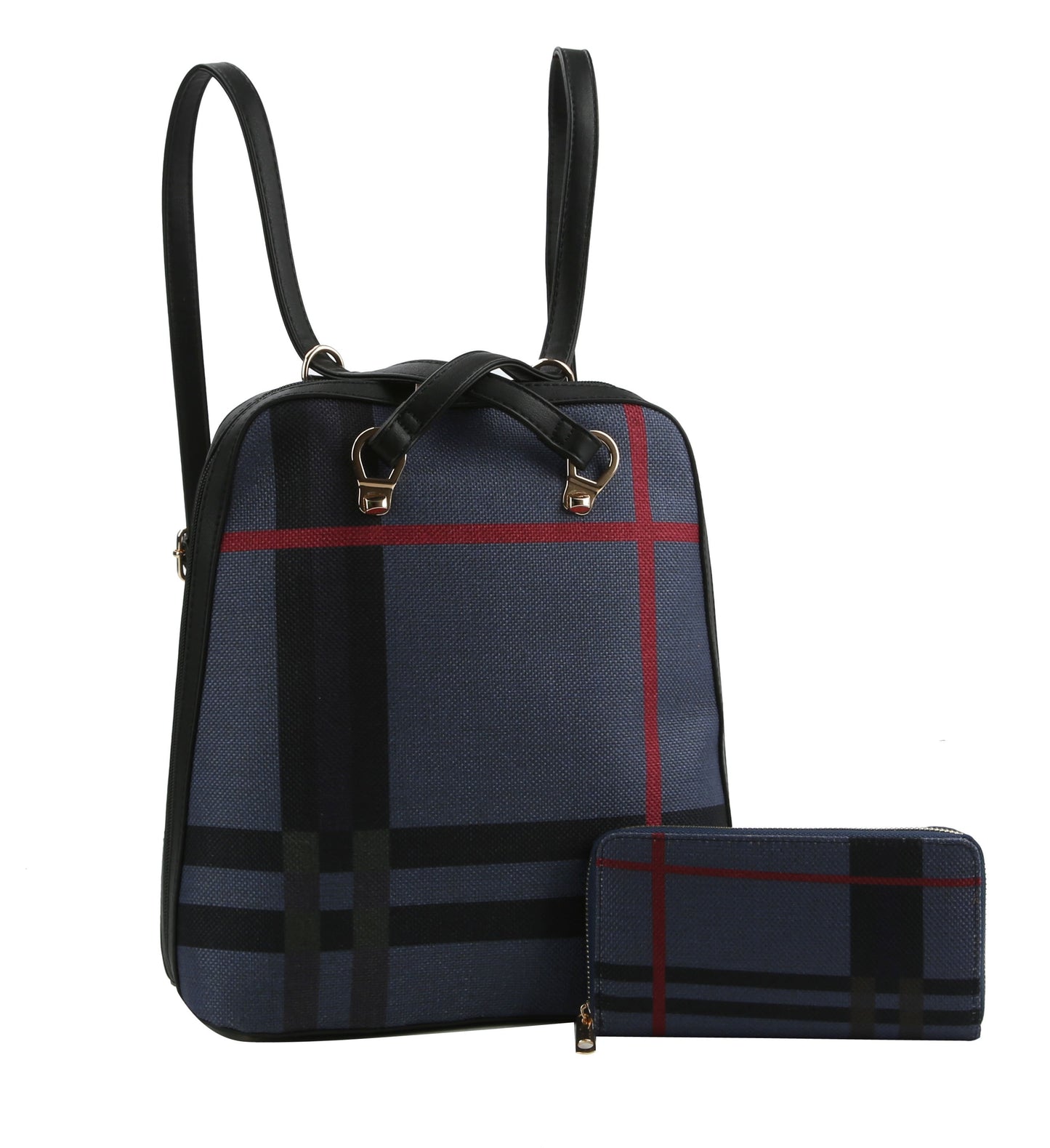 Plaid Reversible Backpack Purse Blue