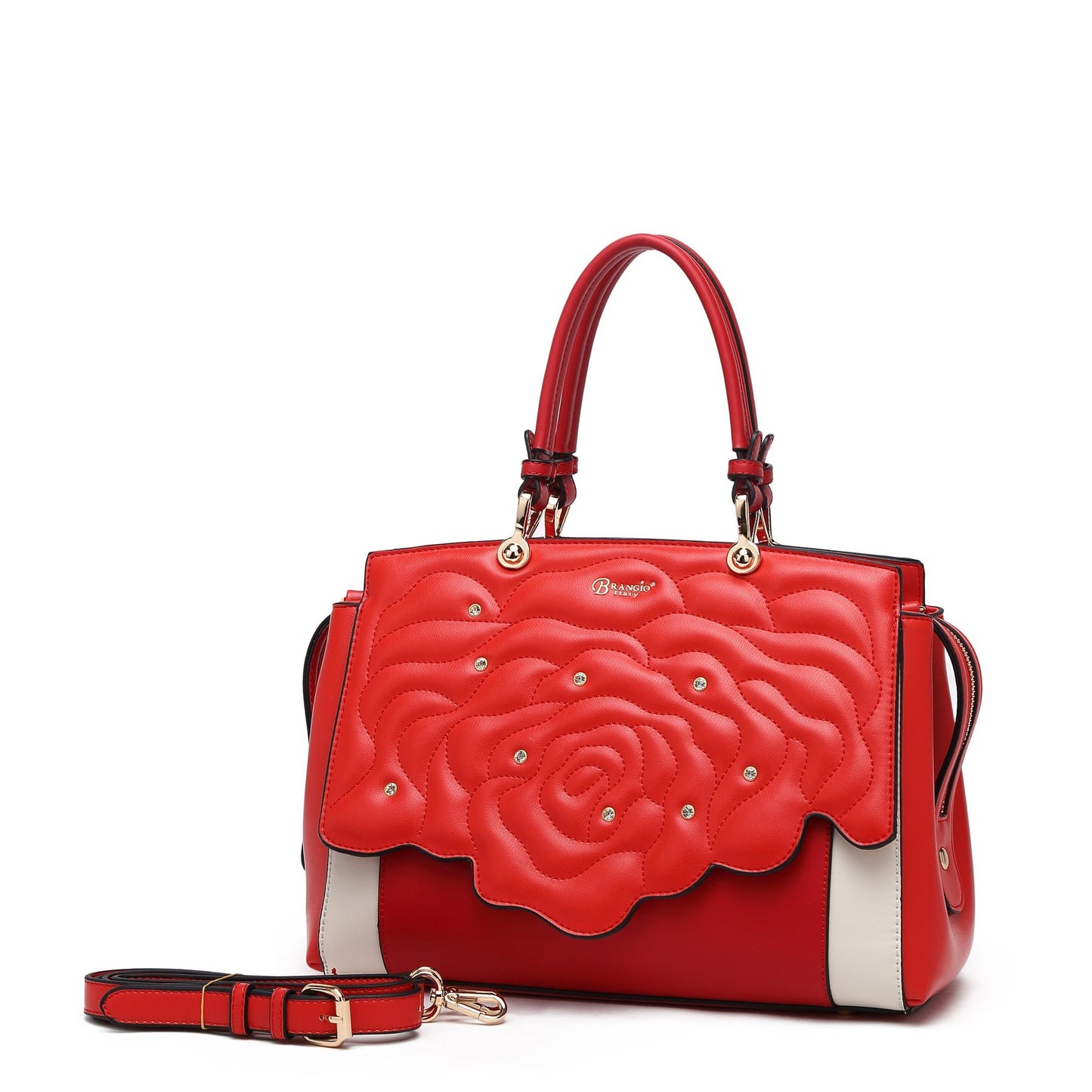 Rosette Crystal Medium Satchel Handbag Red