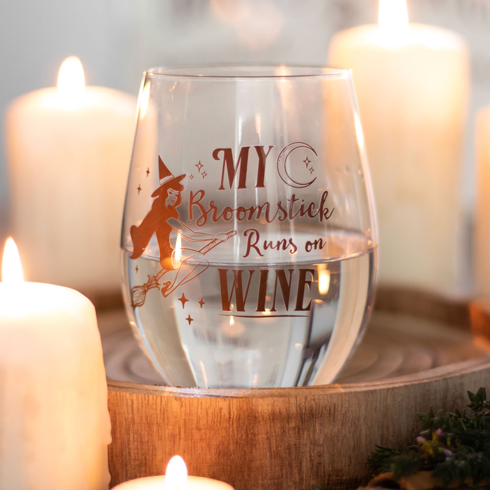 My Broomstick Runs On Wine Halloween Stemless Glass