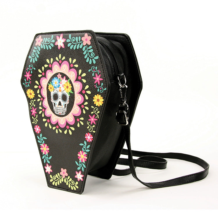 Sugar Skull Coffin Reversible Backpack Purse Black