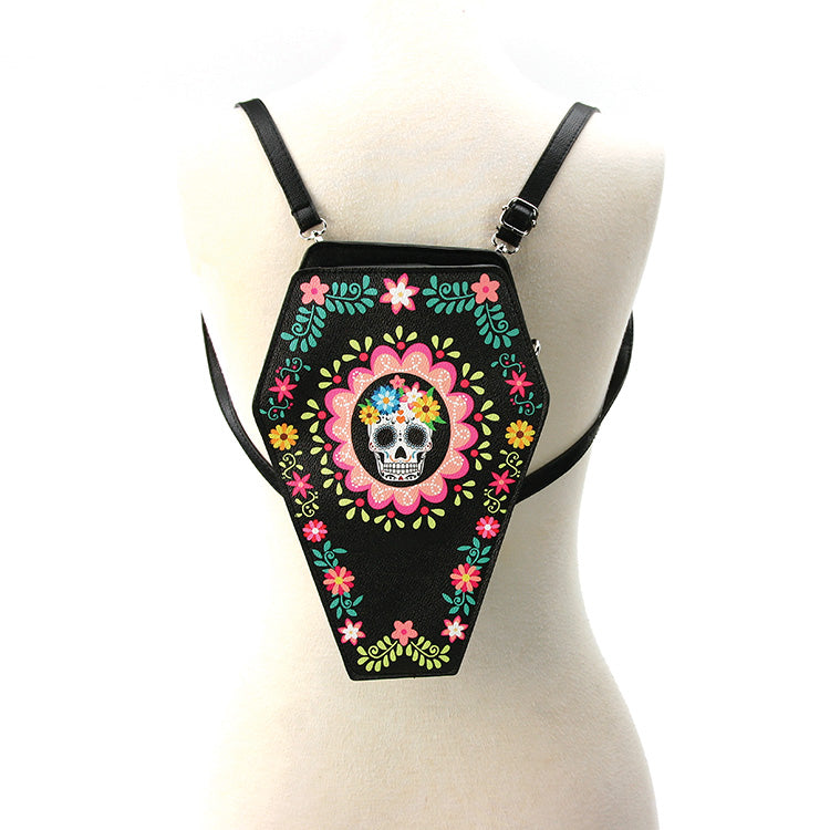 Sugar Skull Coffin Reversible Backpack Purse Black