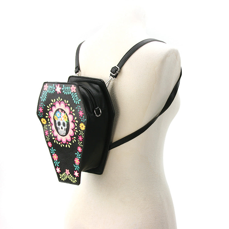 Sugar Skull Coffin Reversible Backpack Purse Black