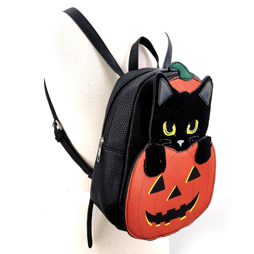 Furry Black Cat In Pumpkin Mini Backpack