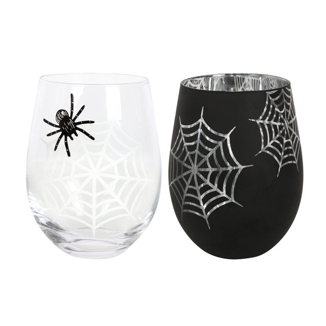 Gothic Spider and Web Stemless Wine Glasses Set Of Two