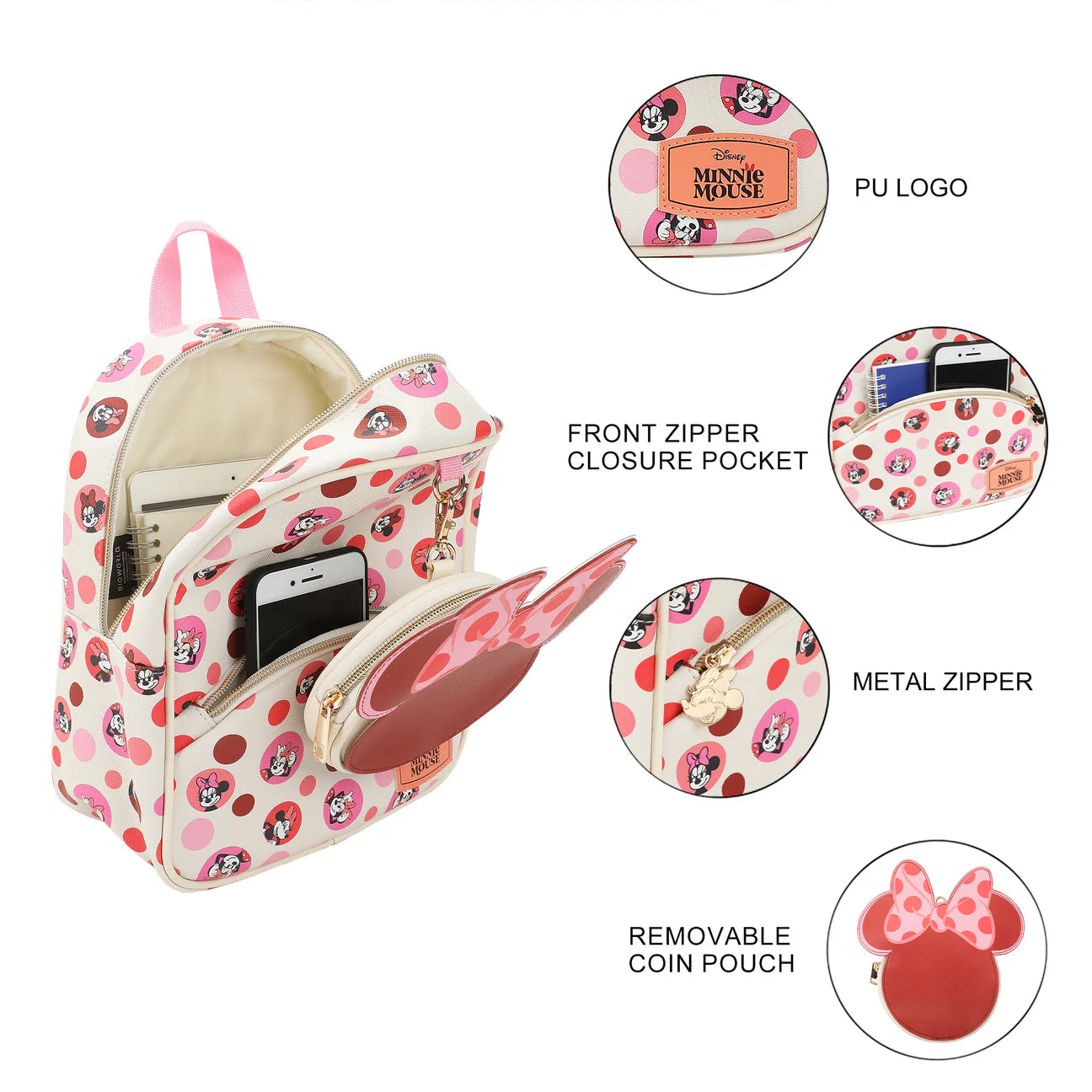 Disney Minnie Mouse Ears & Bow White Mini Backpack For Girls