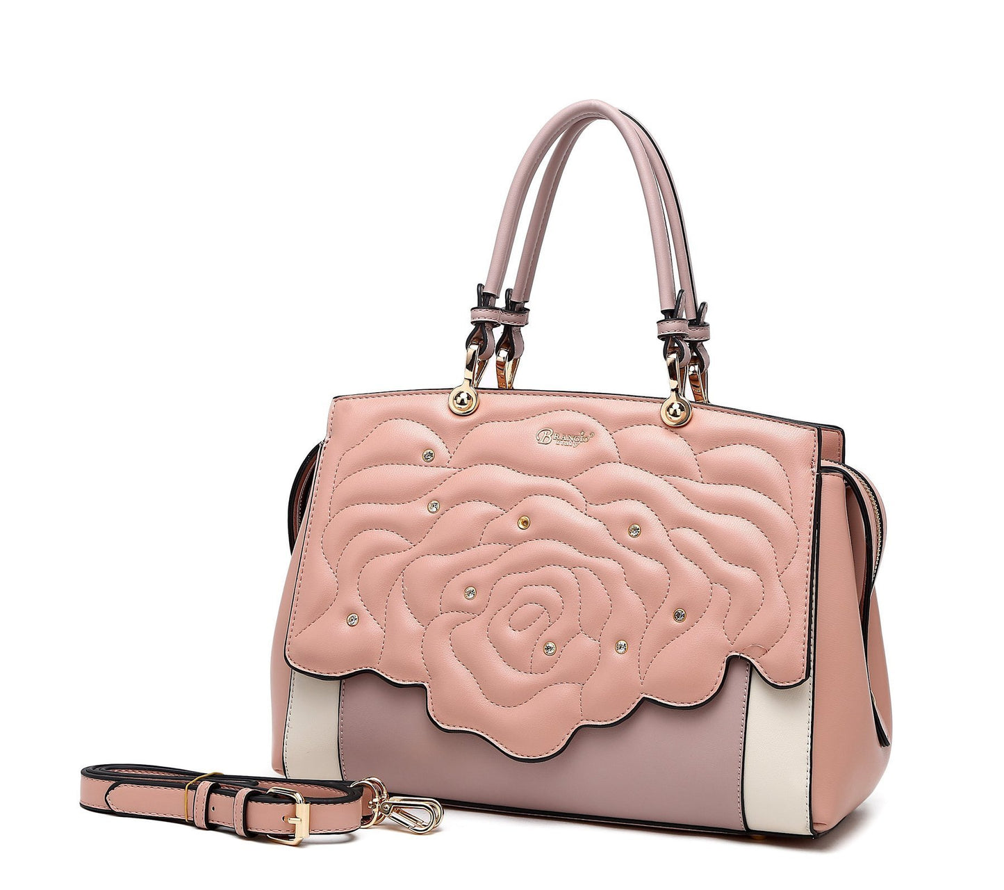 Rosette Crystal Medium Satchel Handbag Blush