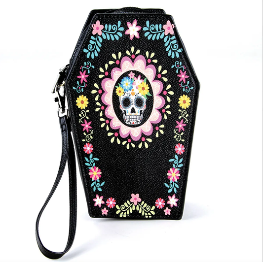 Sugar Skull Coffin Wallet With Wrist Strap