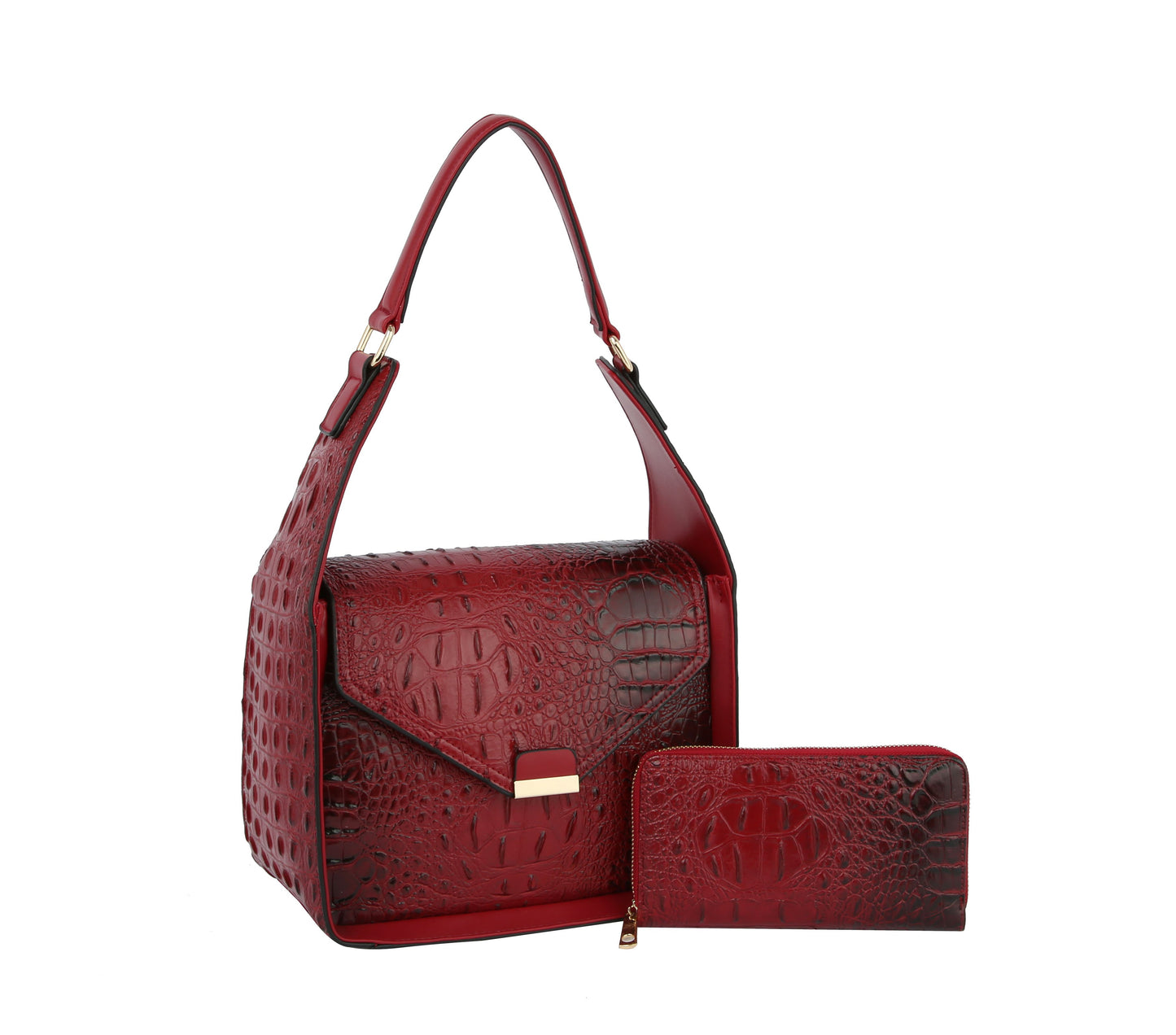 Small Square Faux Gator Handbag With Matching Wallet Red